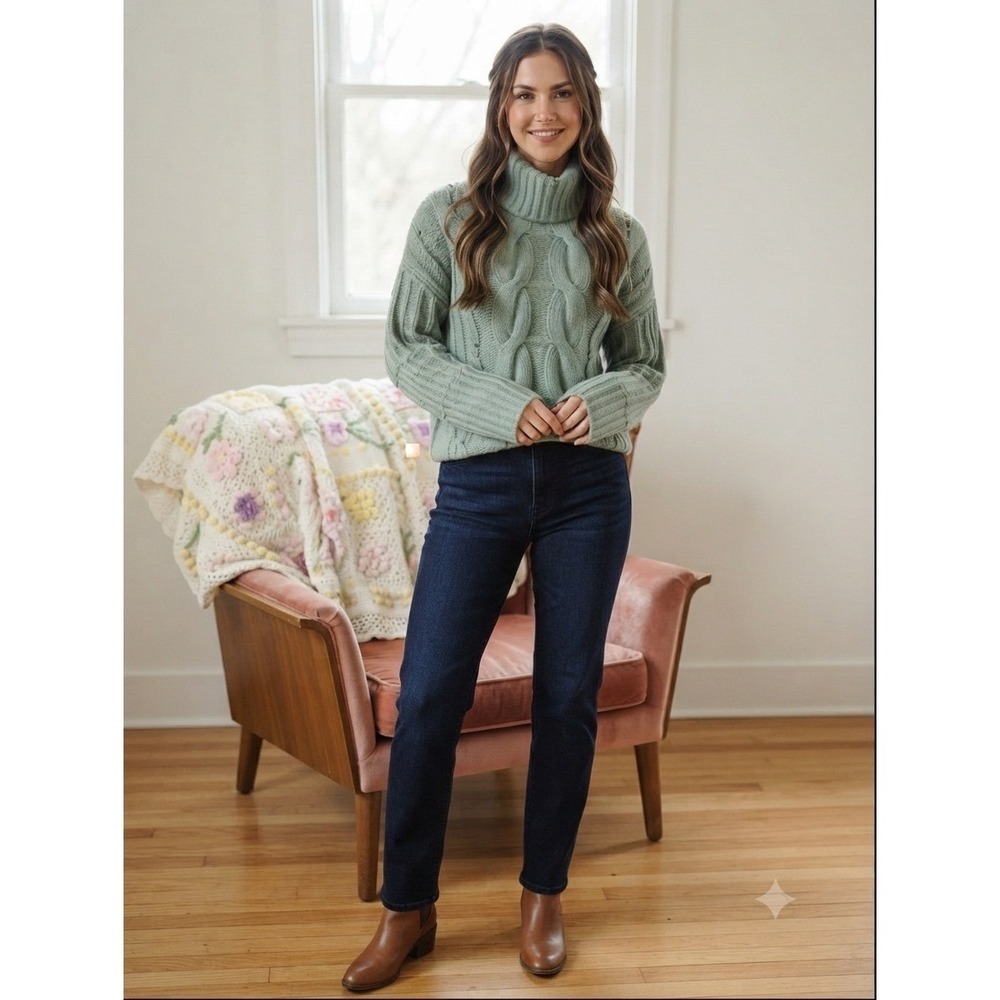 Moon & Madison Chunky Cable Knit Turtleneck Sweater Mint Green XS Bell Sleeve